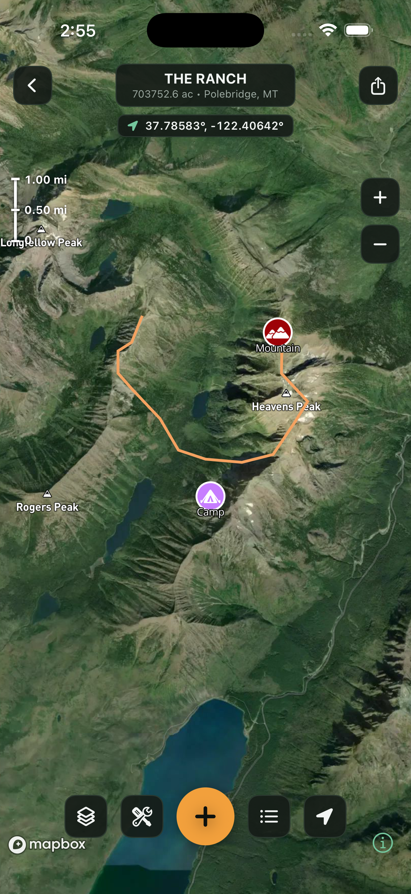 TerraMarker map editor showing a satellite map with waypoints and a drawn trail